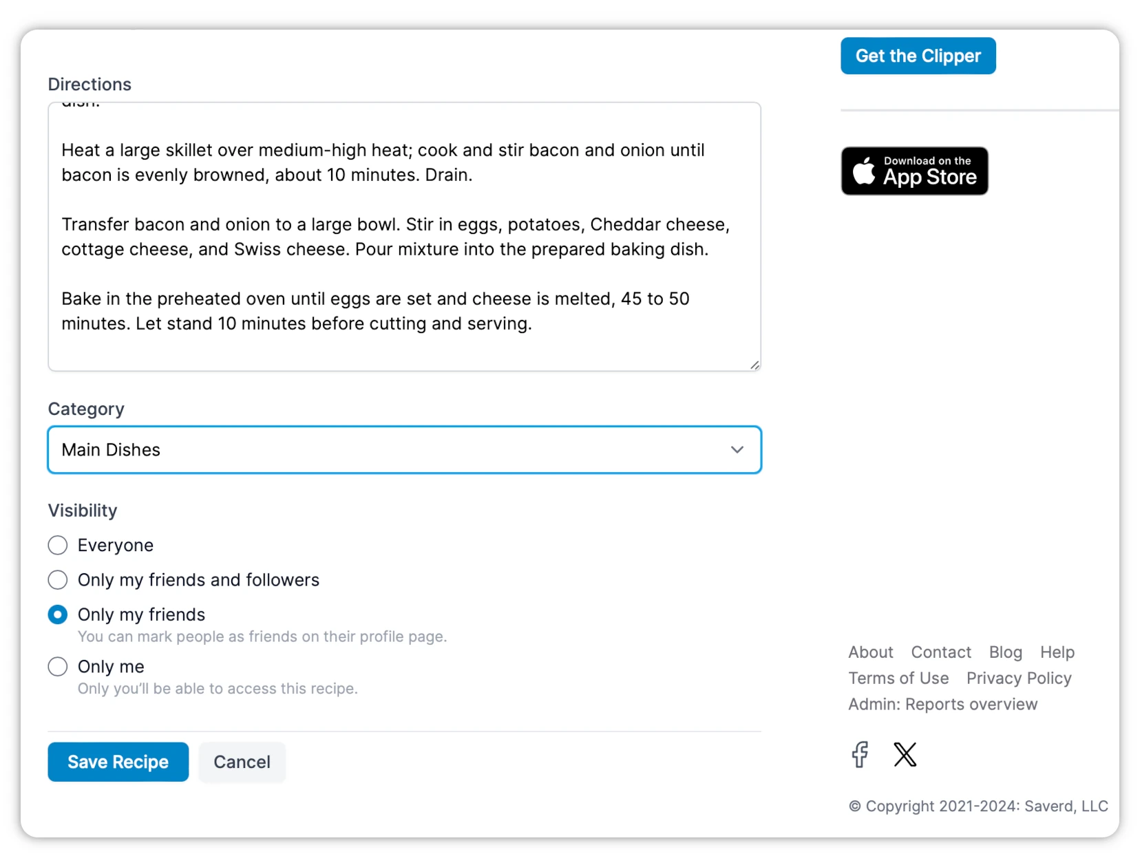 Screenshot of the Saverd recipe app in the a web browser showing the Edit Recipe screen where recipe visibility can be edited