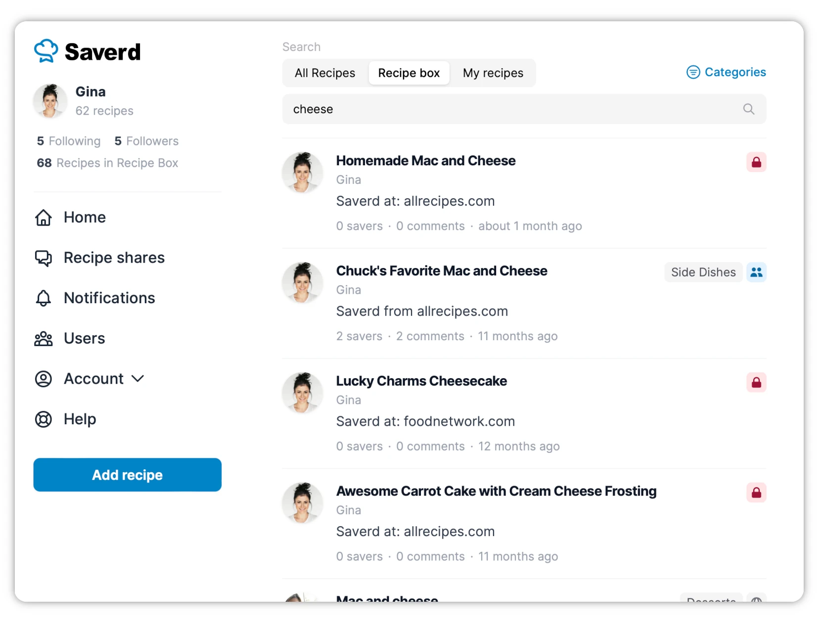 Screenshot of the Saverd recipe app in the a web browser showing search results and filtering options