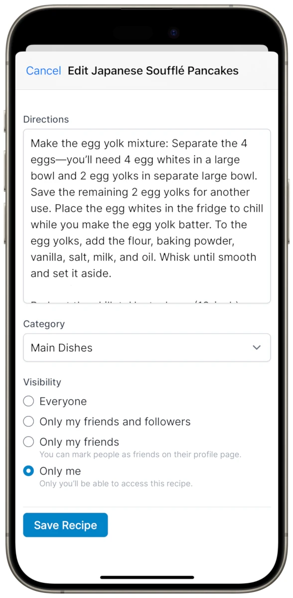 Screenshot of Saverd's recipe app on the iPhone showing the Edit Recipe screen where recipe visibility can be edited