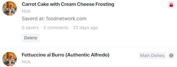 Recipe feed with visibility markers